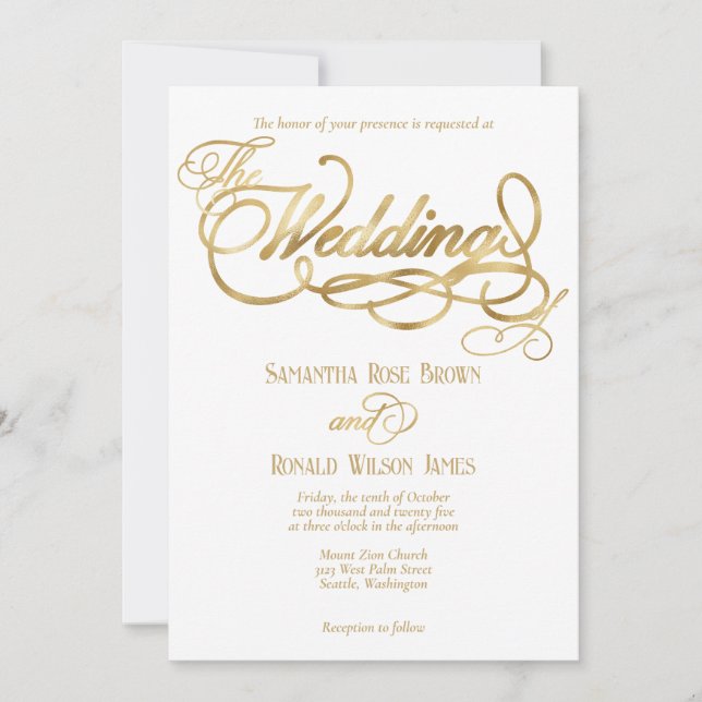 Elegant White and Faux Gold Calligraphy Wedding Invitation (Front)