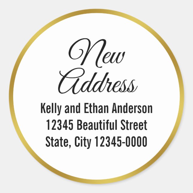 Elegant White and Faux Gold New Address Classic Round Sticker (Front)