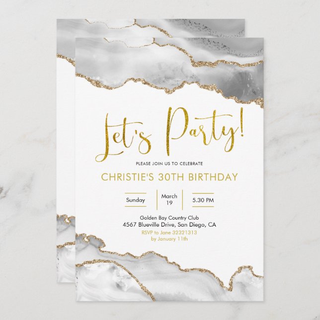 Elegant White and Gold Agate Let's Party Invitatio Invitation (Front/Back)