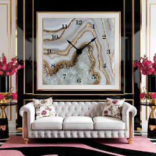 Elegant White and Gold Agate Plate Wall Clock