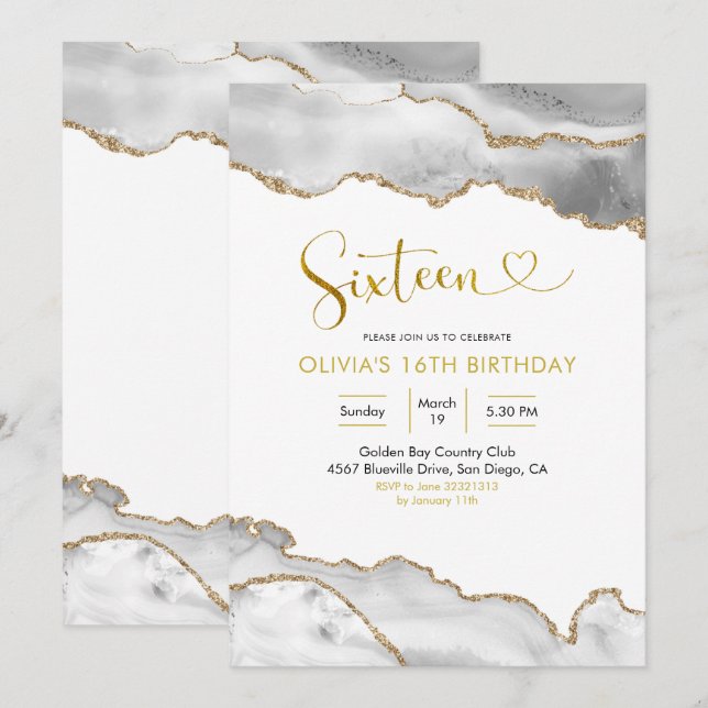 Elegant White and Gold Agate Sixteen Birthday Invitation (Front/Back)