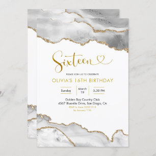 Elegant White and Gold Agate Sixteen Birthday Invitation