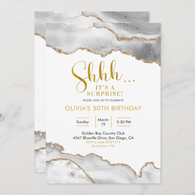 Elegant White and Gold Agate Surprise Birthday Invitation (Front/Back)