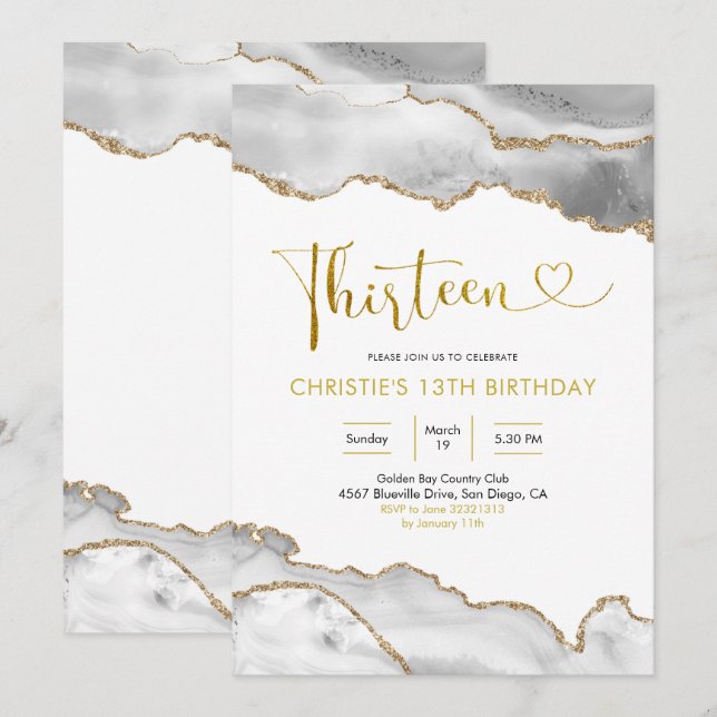 Elegant White and Gold Agate Thirteen Birthday Inv Invitation (Front/Back)