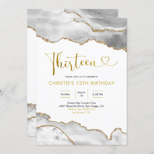 Elegant White and Gold Agate Thirteen Birthday Inv Invitation
