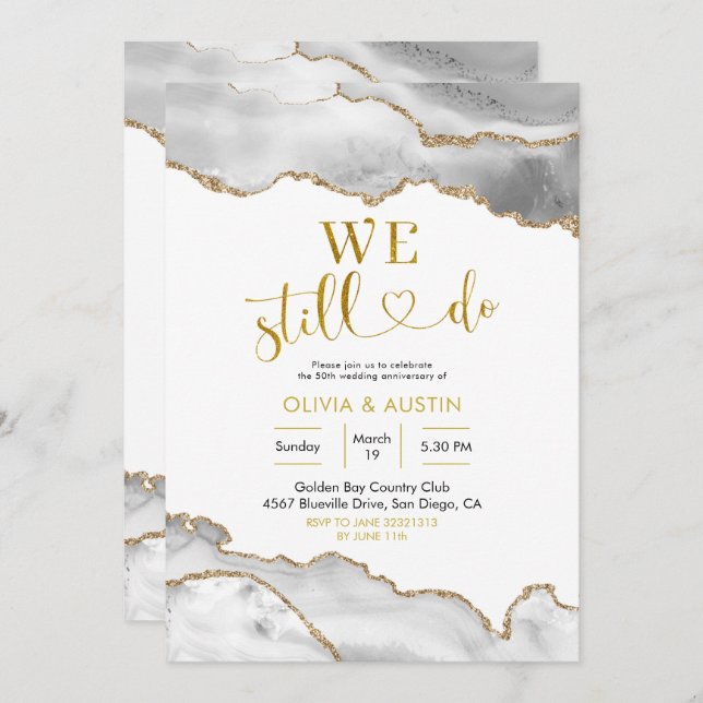 Elegant White and Gold Agate Wedding Anniversary Invitation (Front/Back)