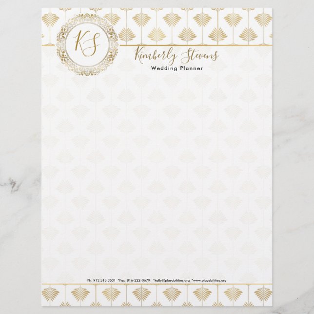 Elegant White And Gold Art-deco Pattern Custom Letterhead (Front)