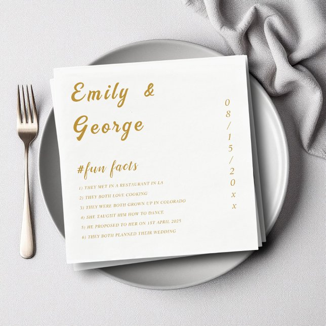 Elegant White And Gold Classy Fun Facts Wedding Napkin (Creator Uploaded)