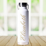 Elegant White and Gold Custom Script Name Water Bottle<br><div class="desc">This personalised water bottle combines practicality with a touch of elegance. Featuring a sleek white design and a beautiful script font, it allows you to customise it with your name, making it uniquely yours. The bottle is perfect for staying hydrated on the go, whether you're heading to the gym, office,...</div>