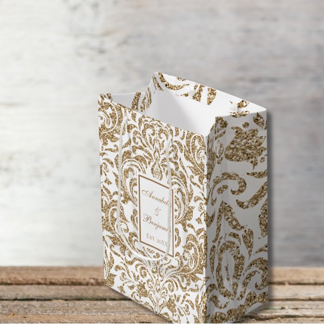 Elegant White and Gold Faux Glitter Wedding Medium Gift Bag (Creator Uploaded)