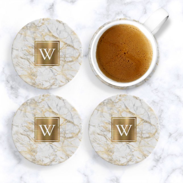 Elegant White and Gold Faux Marble Monogram Coaster (Creator Uploaded)