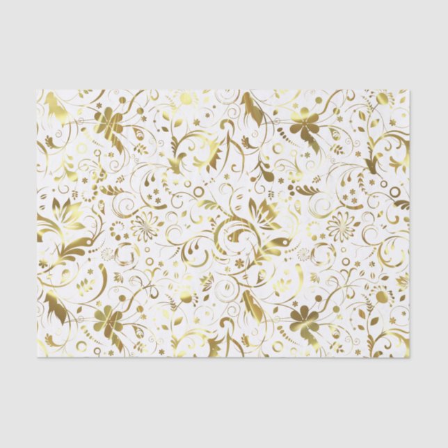 Elegant White And Gold Floral Damasks Tissue Paper (Front)