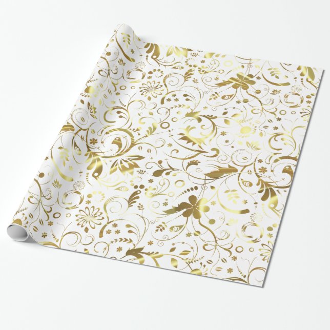 Elegant White And Gold Floral Damasks Wrapping Paper (Unrolled)