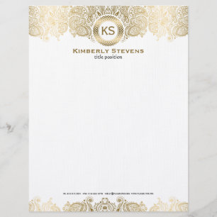 Elegant White And Gold Floral Paisley 2 Letterhead Design