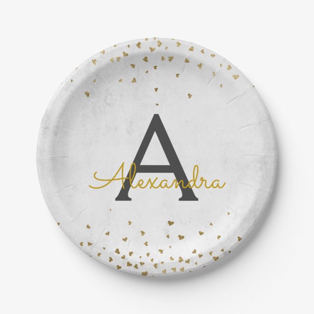 Elegant White and Gold Foil Confetti Monogram Paper Plate (Front)