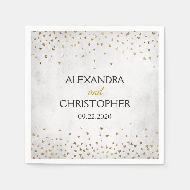 Elegant White and Gold Foil Confetti Wedding Napkin (Front)
