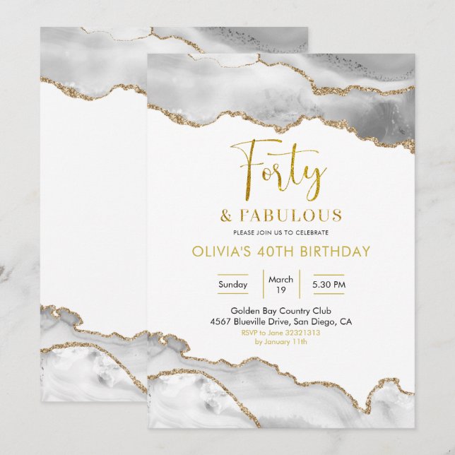 Elegant White and Gold Forty and Fabulous Invitation (Front/Back)