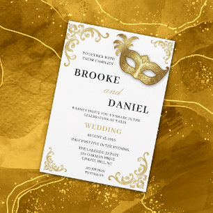 Elegant White and Gold Frame Masquerade Wedding Invitation