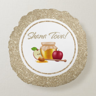 Elegant White and Gold Glitter Rosh Hashanah Round Cushion