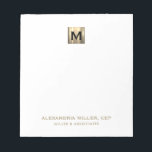 Elegant White and Gold Initial Logo Notepad<br><div class="desc">Stay organised and professional with this luxury notepad featuring your name,  company and gold initial logo. The sleek design and high-quality paper make it perfect for jotting down notes,  to-do lists,  and important reminders. The perfect accessory for any executive or business professional.</div>