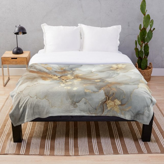 Elegant White and Gold Ink Abstract Art  Fleece Blanket (Creator Uploaded)