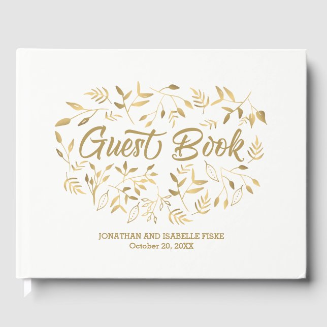 Elegant White and Gold Leaves Boho Glam Wedding Guest Book (Front)