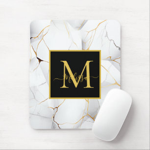 Elegant White and Gold Marbled Monogram Mouse Pad