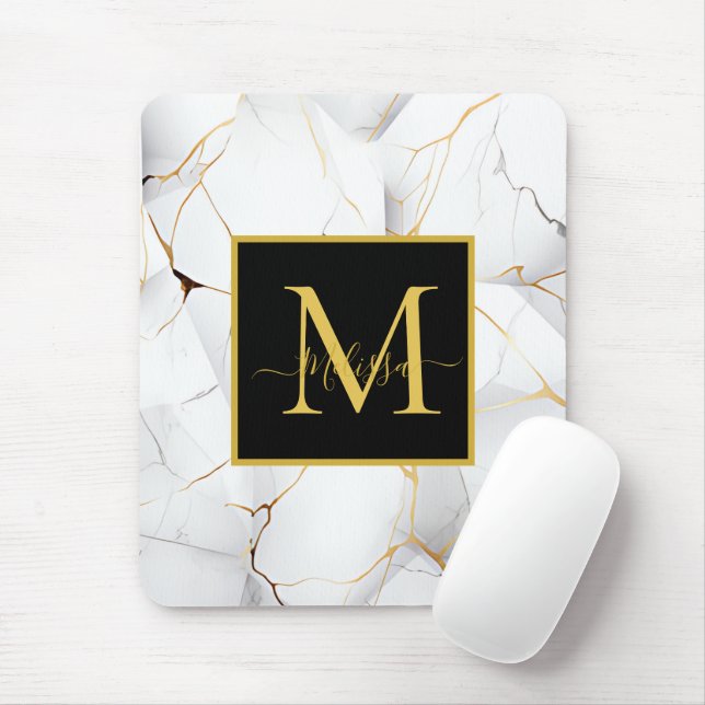Elegant White and Gold Marbled Monogram Mouse Pad (With Mouse)