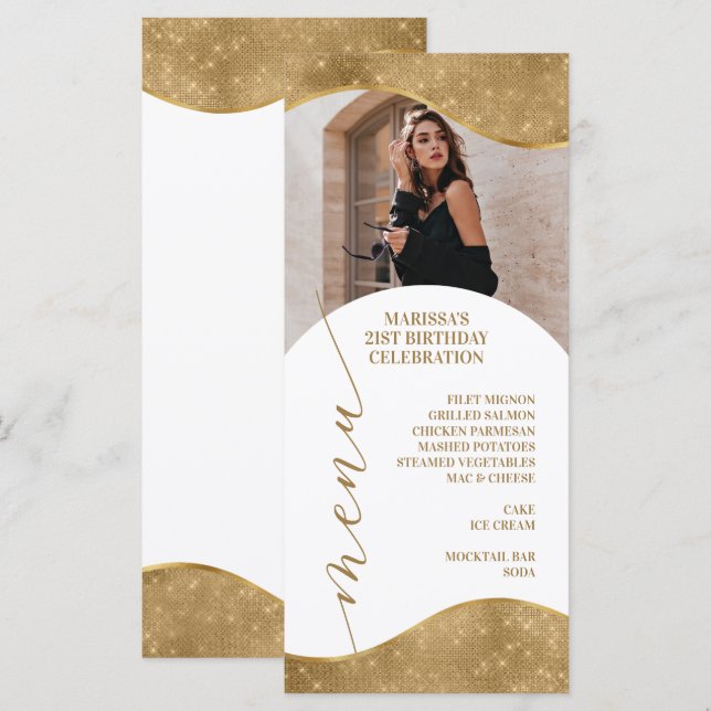 Elegant White and Gold Menu Place Card with Photo (Front/Back)