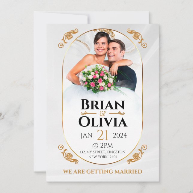 Elegant White and Gold Minimalist Wedding Photo  Invitation (Front)