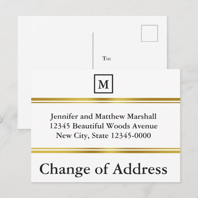Elegant White and Gold Monogram Change of Address Announcement Postcard (Front/Back)