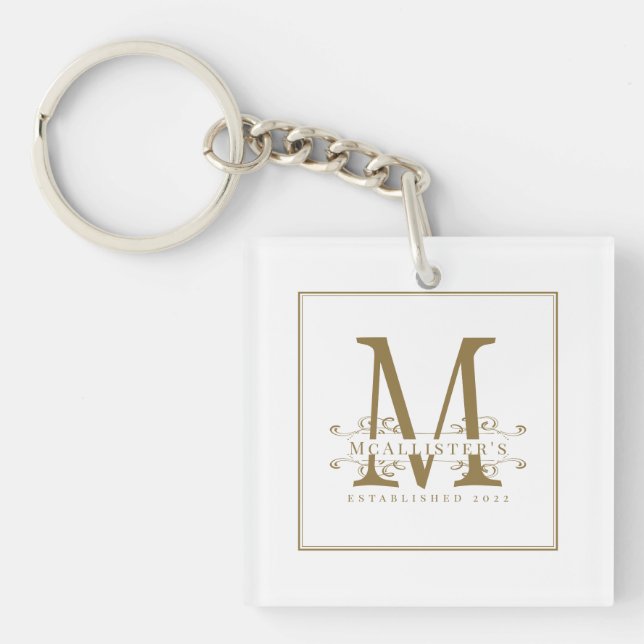 Elegant White and Gold Monogram Family Glamourous Key Ring (Front)
