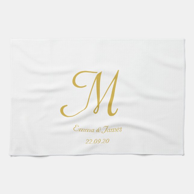 Elegant White and Gold Monogram Name  Tea Towel (Horizontal)