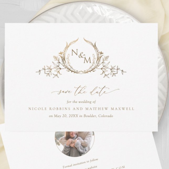 Elegant White and Gold Monogram Wedding Photo Save The Date (Creator Uploaded)