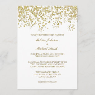 Elegant White and Gold Polka-dots Confetti Wedding Invitation