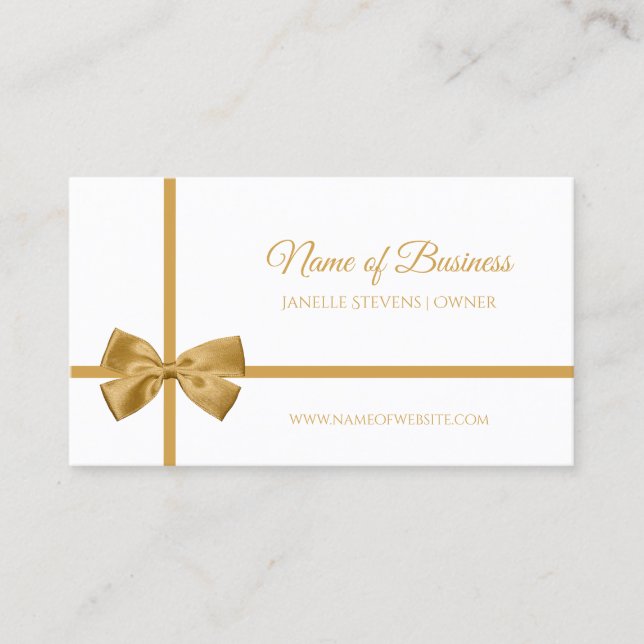 Elegant White and Gold Ribbon Gift Wrapped Bow Business Card (Front)