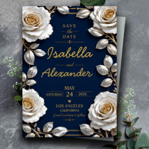 Elegant White and Gold Rose on Navy Blue  Acrylic Invitations