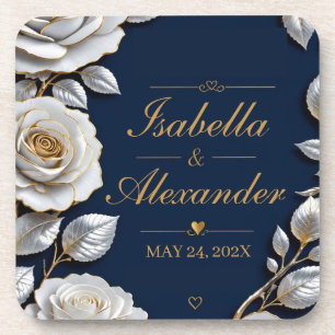 Elegant White and Gold Rose on Navy Blue Coaster