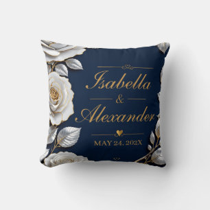 Elegant White and Gold Rose on Navy Blue Cushion