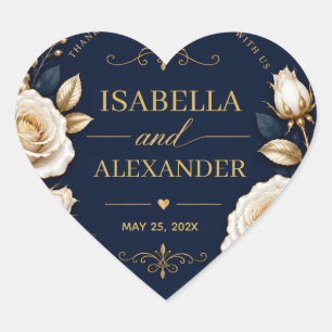 Elegant White and Gold Rose on Navy Blue  Heart Sticker