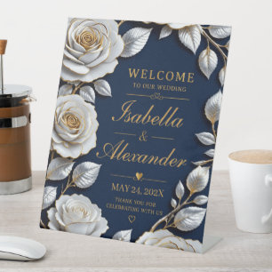 Elegant White and Gold Rose on Navy Blue Pedestal Sign