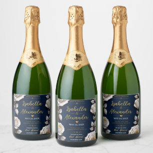 Elegant White and Gold Rose on Navy Blue  Sparkling Wine Label