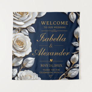 Elegant White and Gold Rose on Navy Blue Tapestry