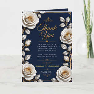 Elegant White and Gold Rose on Navy Blue Thank You Card