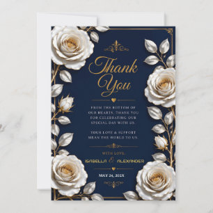 Elegant White and Gold Rose on Navy Blue Thank You Card