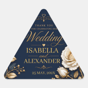 Elegant White and Gold Rose on Navy Blue Triangle Sticker