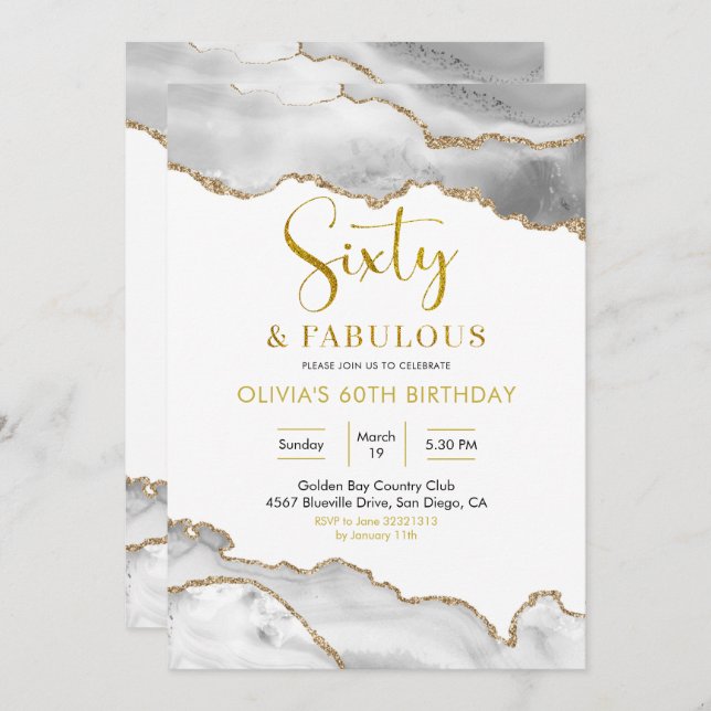 Elegant White and Gold Sixty and Fabulous Invitation (Front/Back)