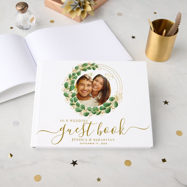 Elegant White and Gold Two Photos Wedding Guest Book (Front Open)