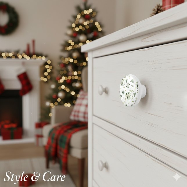 Elegant White and Green Floral Illustrated Ceramic Knob (Elegant White and Green Floral Illustrated Ceramic Ceramic Knob)