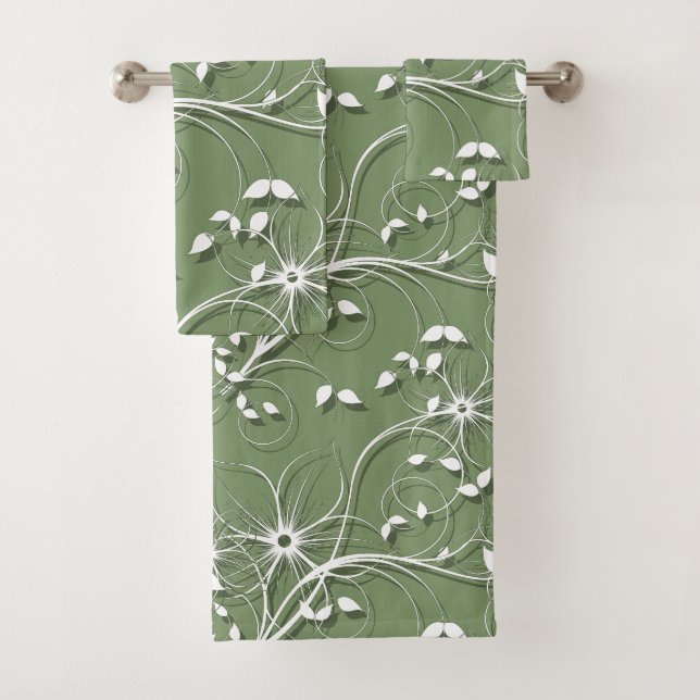 Elegant White and Green Graphic Floral Swirl Bath Towel Set (Insitu)